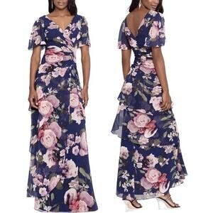 Xscape Surplice Tiered Navy Floral Print Chiffon Flutter Sleeve Evening Gown 4
